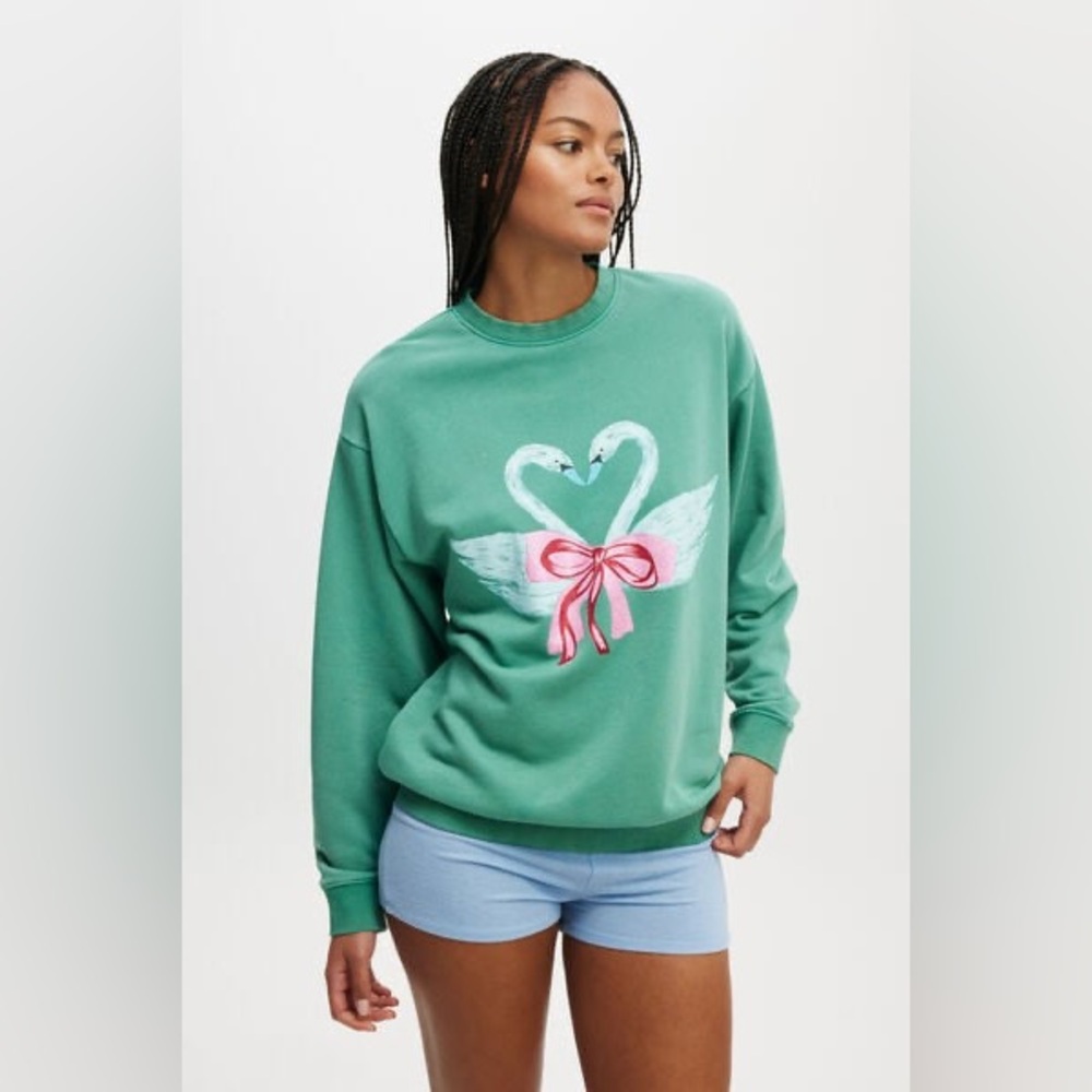 NWT Cotton On Body Swans Bow Graphic Crew Neck Sweatshirt Green XS oversized